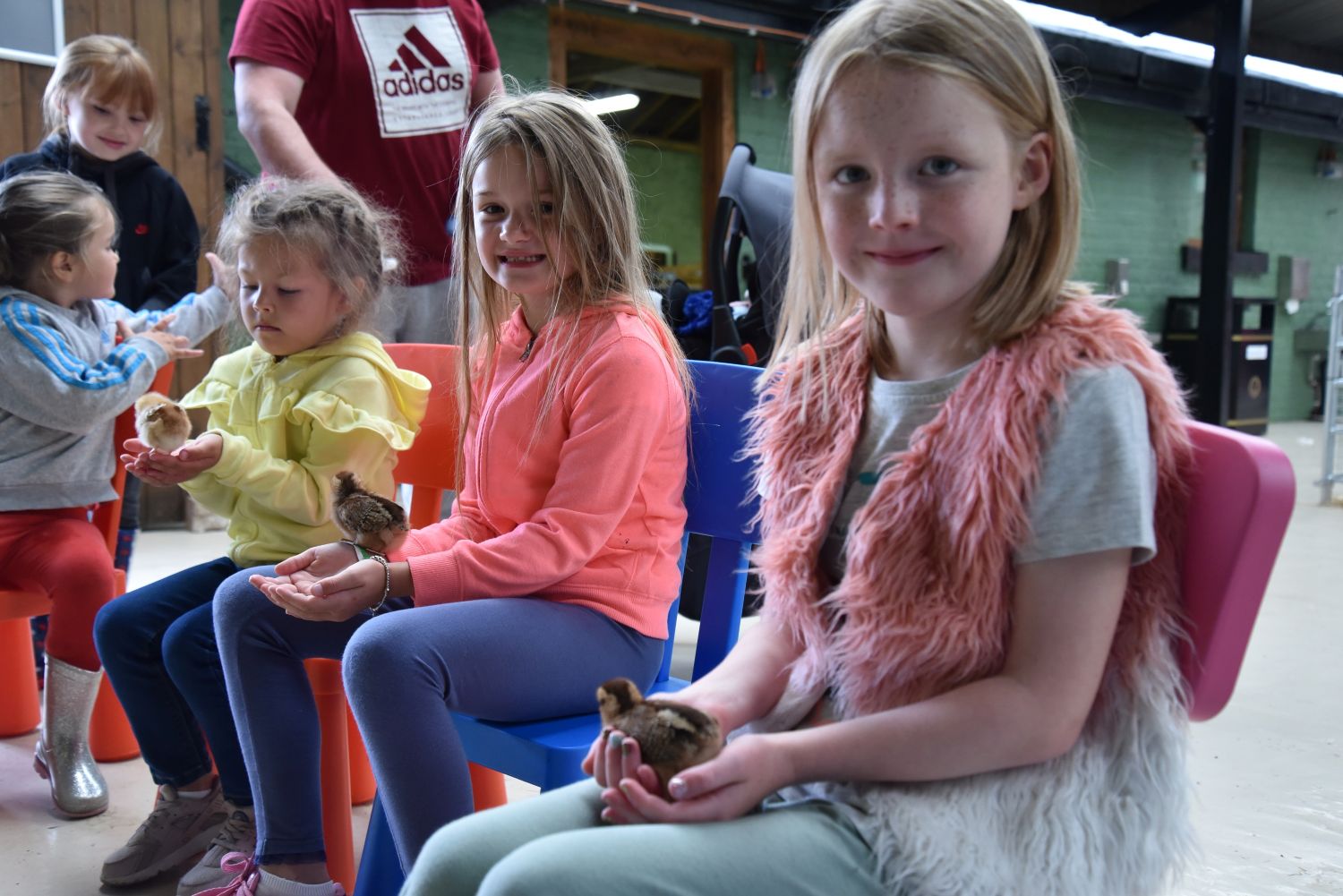 Children holding ducklings in the discovery barn