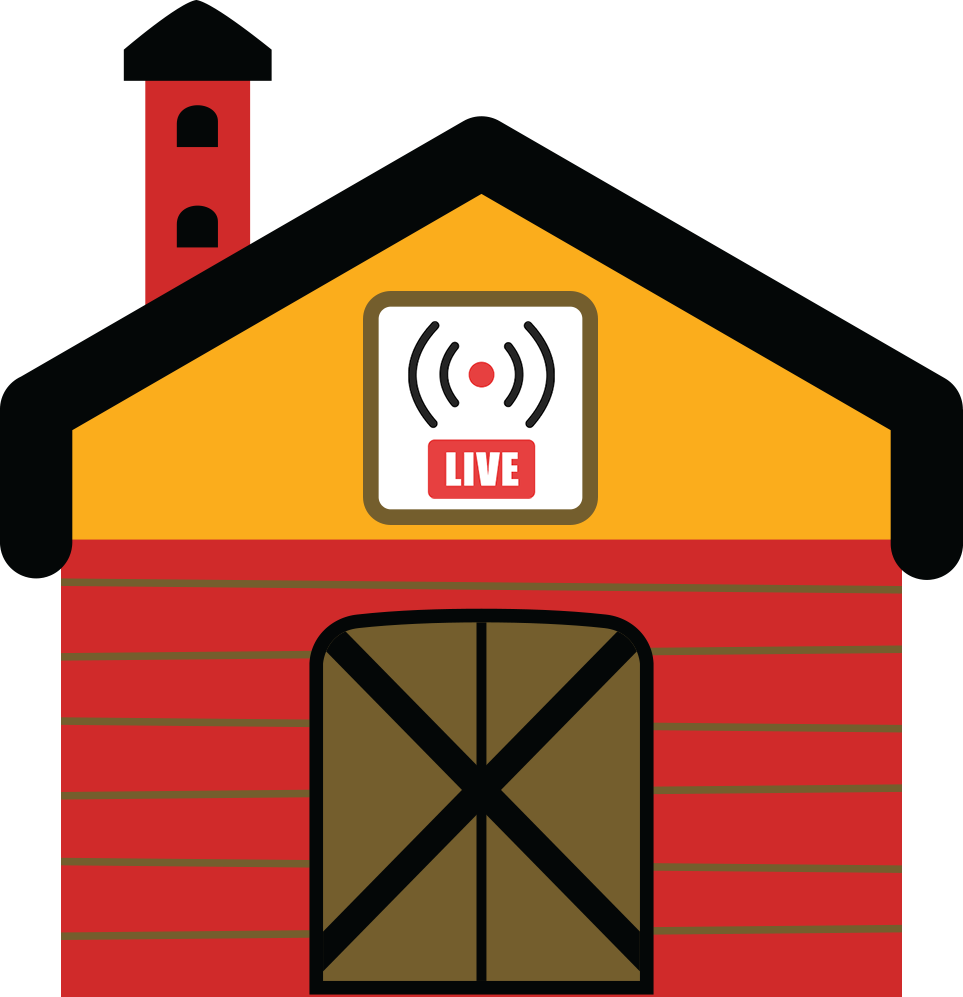 discovery barn illustration with live animal webcam stream icon on the front
